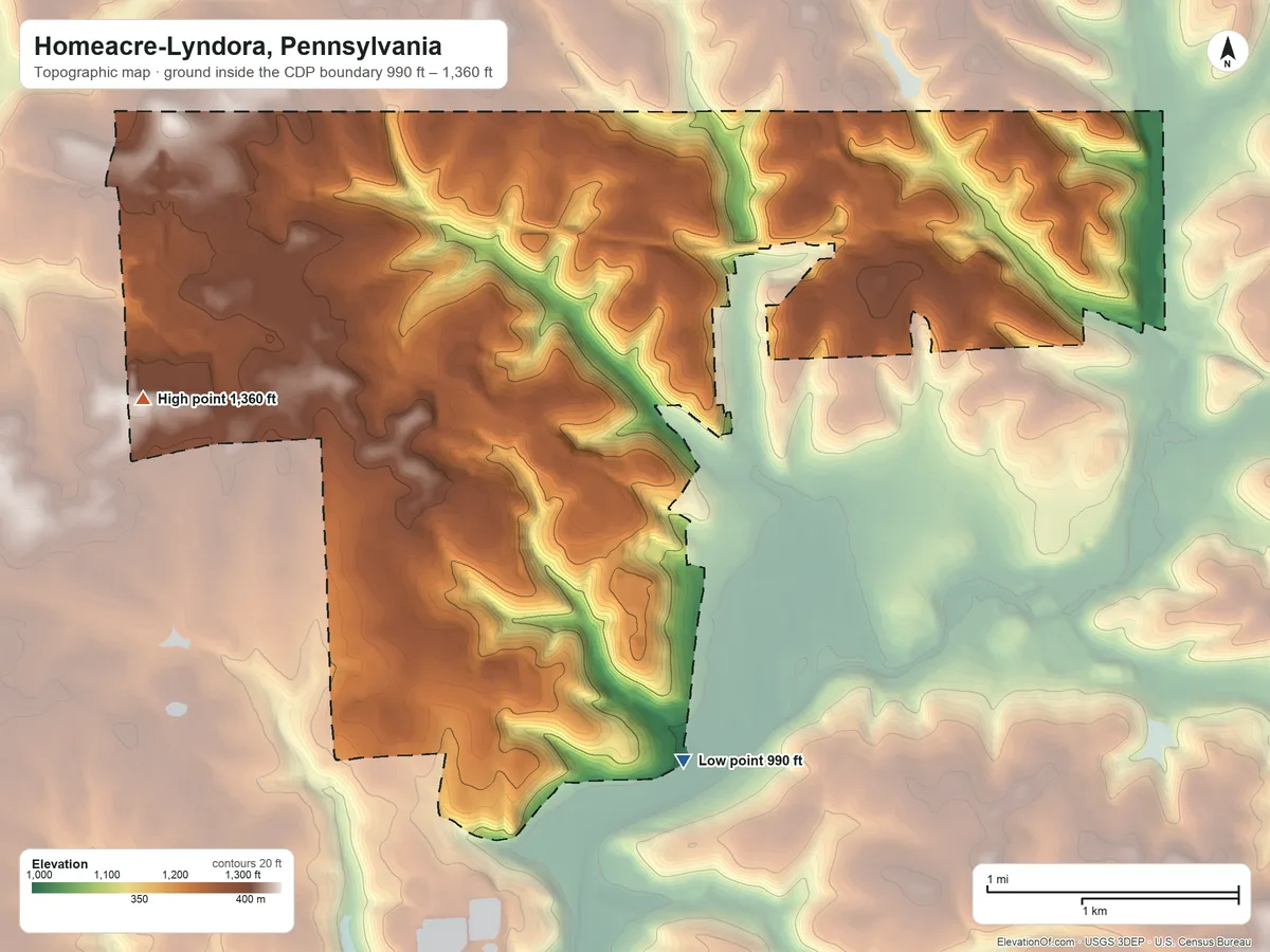 Topographic elevation map of Homeacre-Lyndora, Pennsylvania, shaded from 990 ft on the southeast side to 1,360 ft on the west side