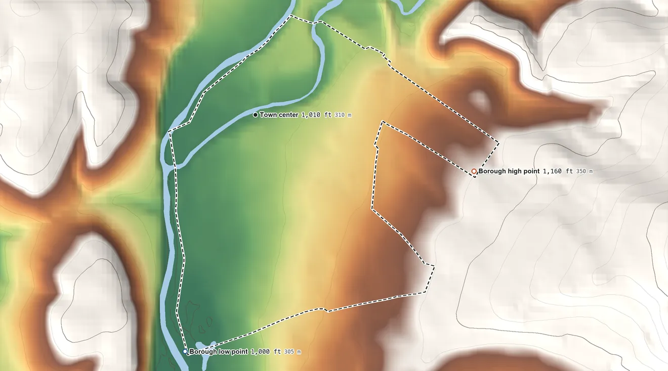Topographic elevation map of Homer City, Pennsylvania, shaded from 1,000 ft on the south side to 1,160 ft on the east edge, below higher ground just outside