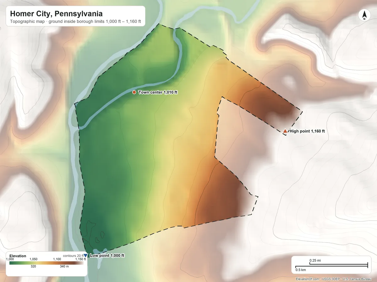 Topographic elevation map of Homer City, Pennsylvania, shaded from 1,000 ft on the south side to 1,160 ft on the east edge, below higher ground just outside