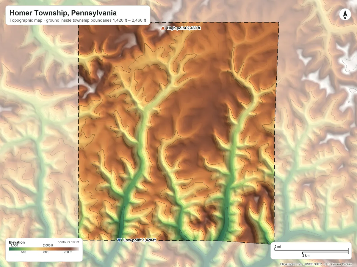 Topographic elevation map of Homer Township, Pennsylvania, shaded from 1,420 ft on the southwest side to 2,460 ft on the northwest side