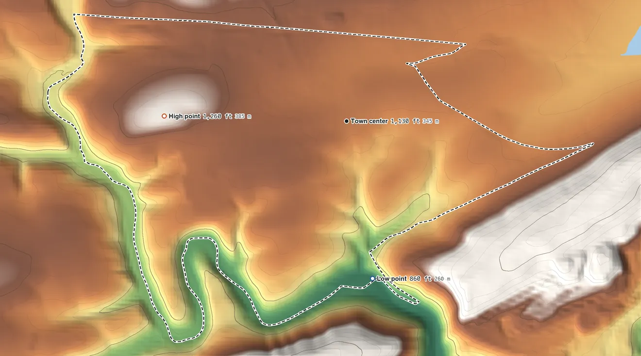 Topographic elevation map of Hometown, Pennsylvania, shaded from 860 ft on the south side to 1,260 ft at the foot of the Broad Mountain
