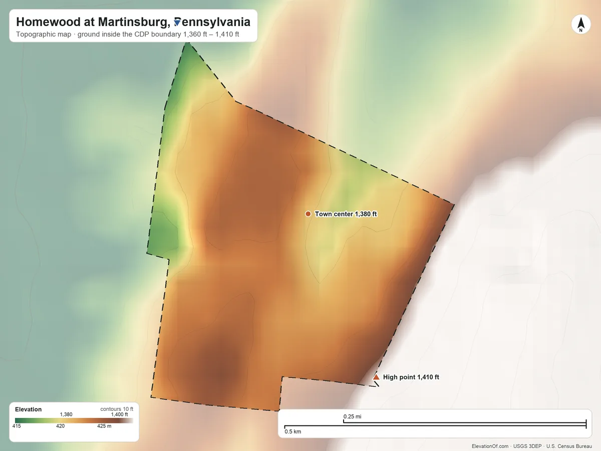 Topographic elevation map of Homewood at Martinsburg, Pennsylvania, shaded from 1,360 ft on the northwest side to 1,410 ft on the southeast side