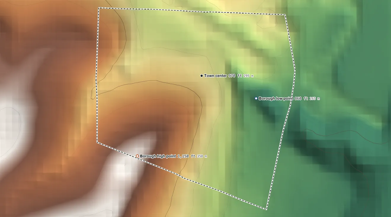 Topographic elevation map of Homewood, Pennsylvania, shaded from 860 ft on the east side to 1,150 ft on the southwest side