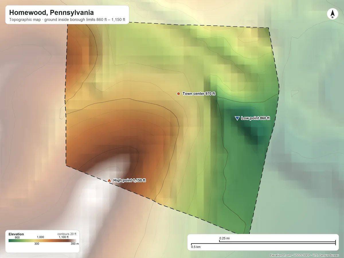 Topographic elevation map of Homewood, Pennsylvania, shaded from 860 ft on the east side to 1,150 ft on the southwest side