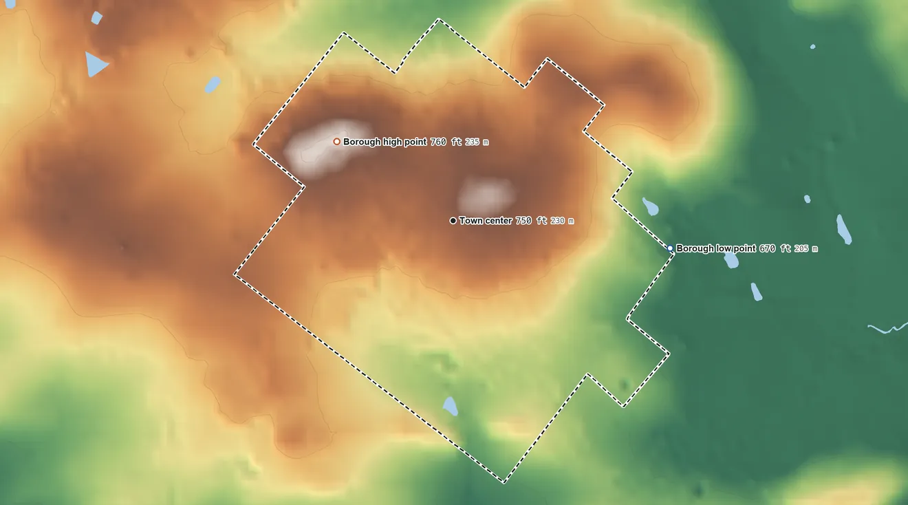 Topographic elevation map of Honey Brook, Pennsylvania, shaded from 670 ft on the east side to 760 ft at the foot of The Baron Hills