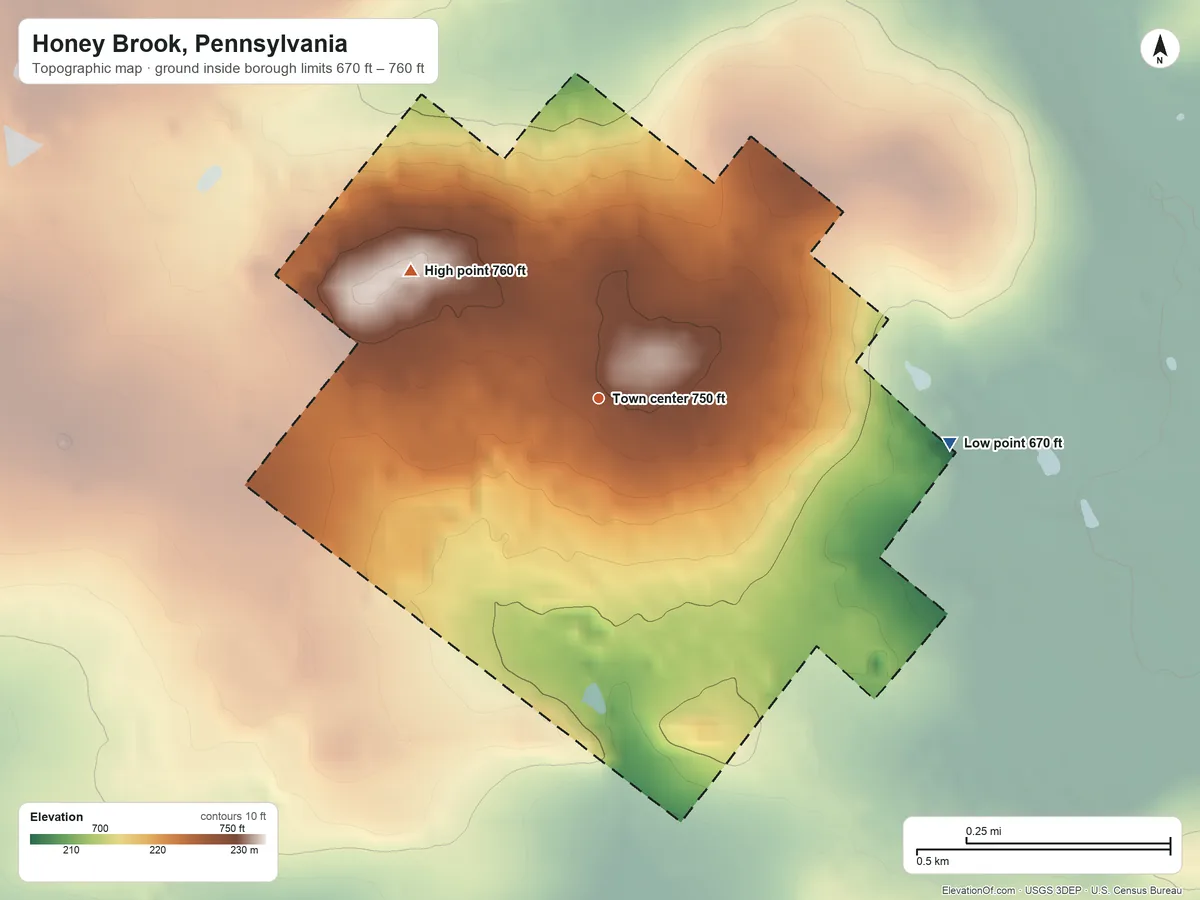 Topographic elevation map of Honey Brook, Pennsylvania, shaded from 670 ft on the east side to 760 ft at the foot of The Baron Hills