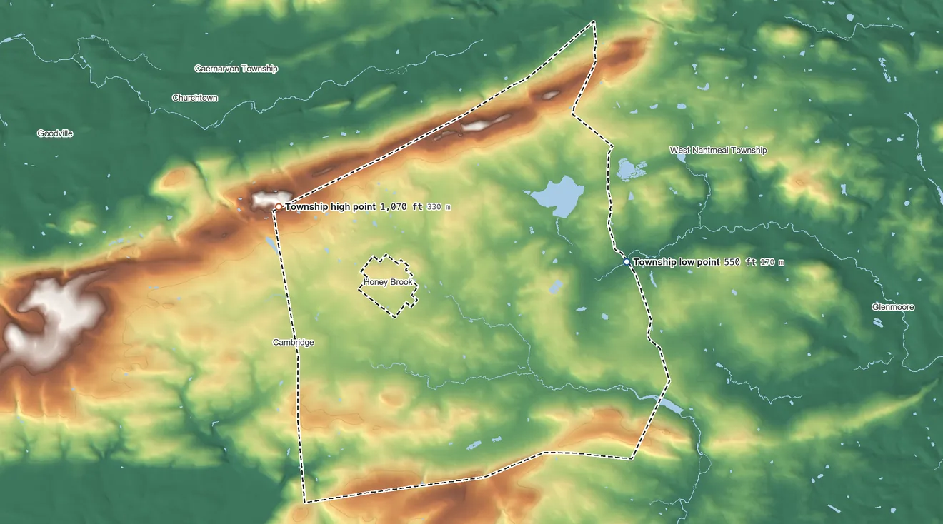 Topographic elevation map of Honey Brook Township, Pennsylvania, shaded from 550 ft on the northeast side to 1,070 ft on the northwest side