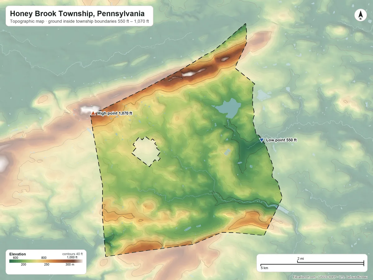 Topographic elevation map of Honey Brook Township, Pennsylvania, shaded from 550 ft on the northeast side to 1,070 ft on the northwest side