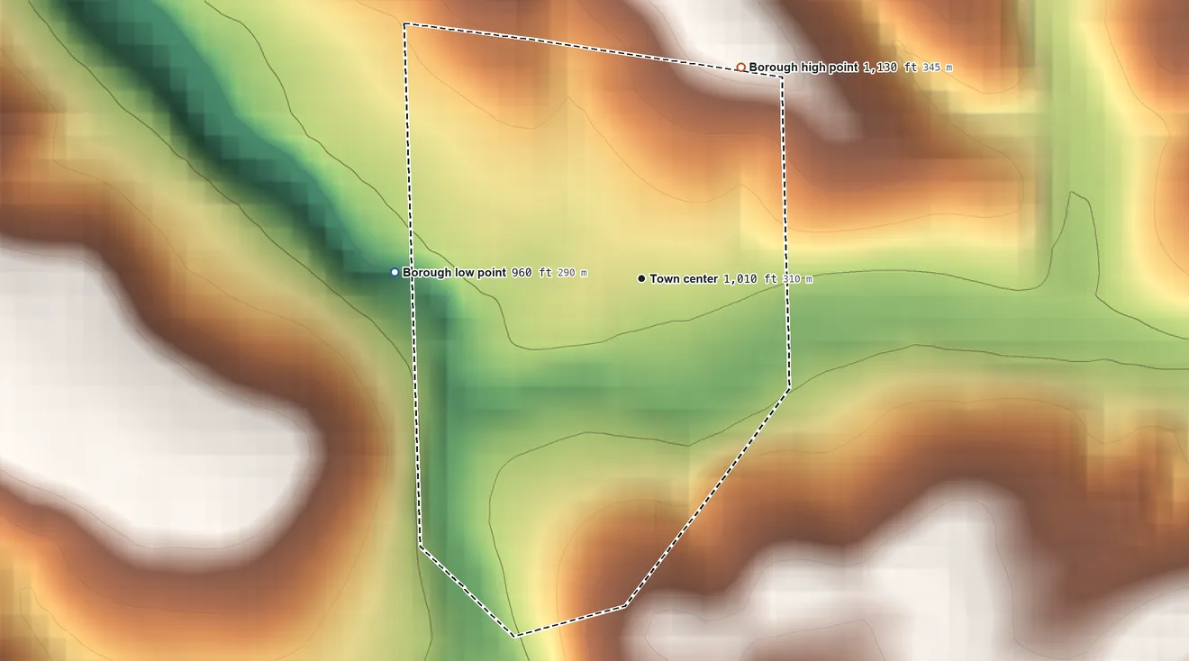 Topographic elevation map of Hookstown, Pennsylvania, shaded from 960 ft on the west side to 1,130 ft on the northeast side