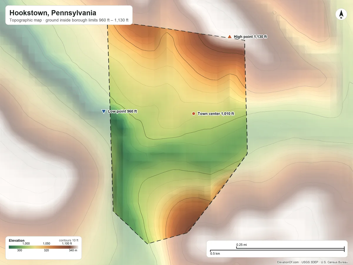 Topographic elevation map of Hookstown, Pennsylvania, shaded from 960 ft on the west side to 1,130 ft on the northeast side