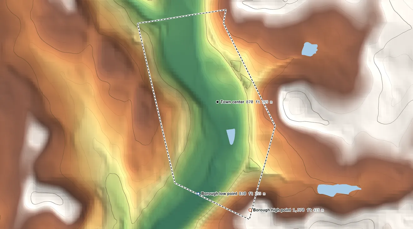 Topographic elevation map of Hop Bottom, Pennsylvania, shaded from 830 ft on the south side to 1,370 ft on the south side