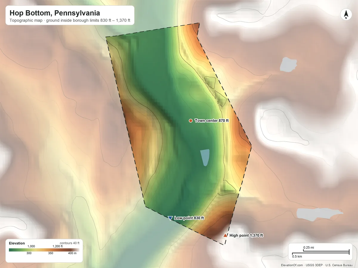 Topographic elevation map of Hop Bottom, Pennsylvania, shaded from 830 ft on the south side to 1,370 ft on the south side