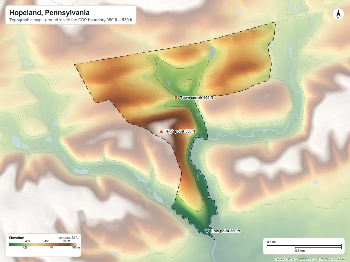 Topographic elevation map of Hopeland, Pennsylvania, shaded from 350 ft on the south side to 530 ft at the foot of the Furnace Hills