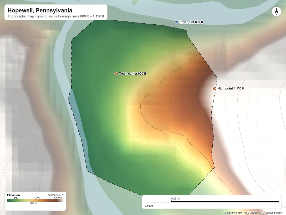 Topographic elevation map of Hopewell, Pennsylvania, shaded from 860 ft on the northeast side to 1,130 ft at the foot of the Tussey Mountain
