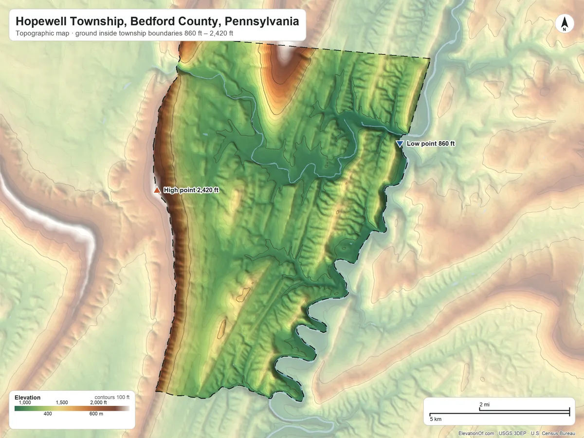 Topographic elevation map of Hopewell Township, Bedford County, Pennsylvania, shaded from 860 ft on the northeast side to 2,420 ft on the west side