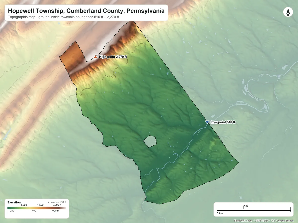 Topographic elevation map of Hopewell Township, Cumberland County, Pennsylvania, shaded from 510 ft on the east side to 2,270 ft on the northwest side