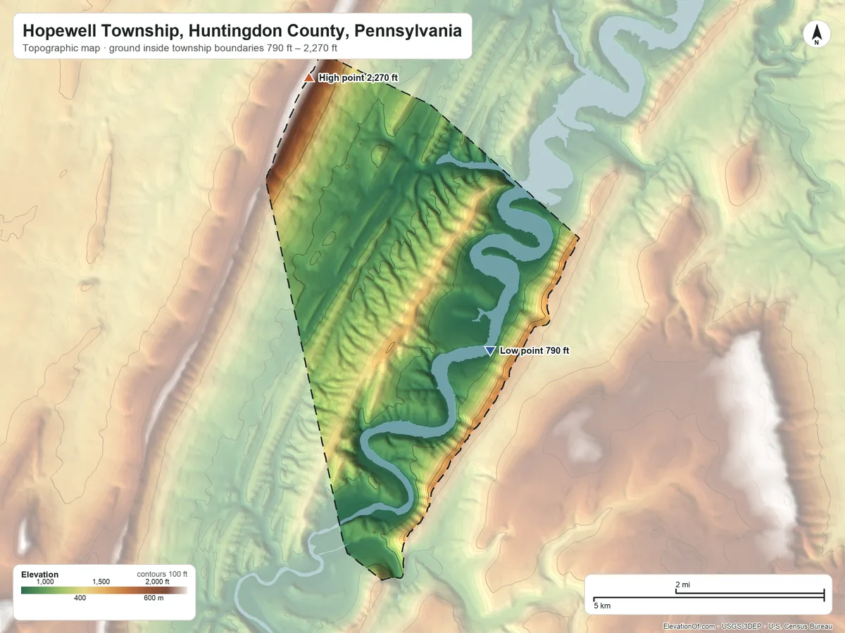 Topographic elevation map of Hopewell Township, Huntingdon County, Pennsylvania, shaded from 790 ft on the east side to 2,270 ft on the north side