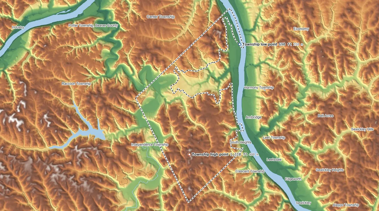 Topographic elevation map of Hopewell Township, Pennsylvania, shaded from 690 ft on the northeast side to 1,310 ft on the southwest side