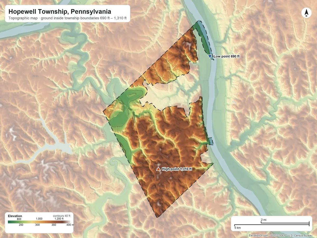 Topographic elevation map of Hopewell Township, Pennsylvania, shaded from 690 ft on the northeast side to 1,310 ft on the southwest side