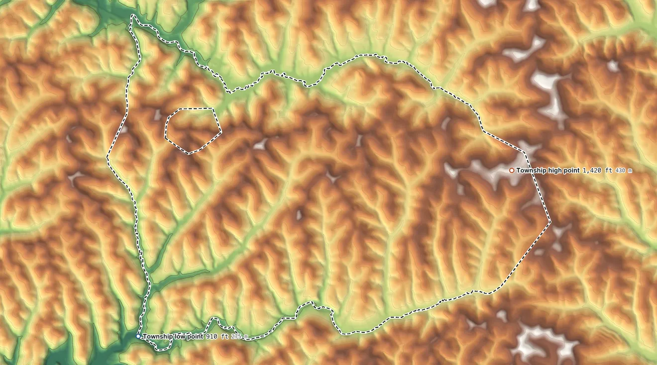 Topographic elevation map of Hopewell Township, Washington County, Pennsylvania, shaded from 910 ft on the southwest side to 1,420 ft on the east side