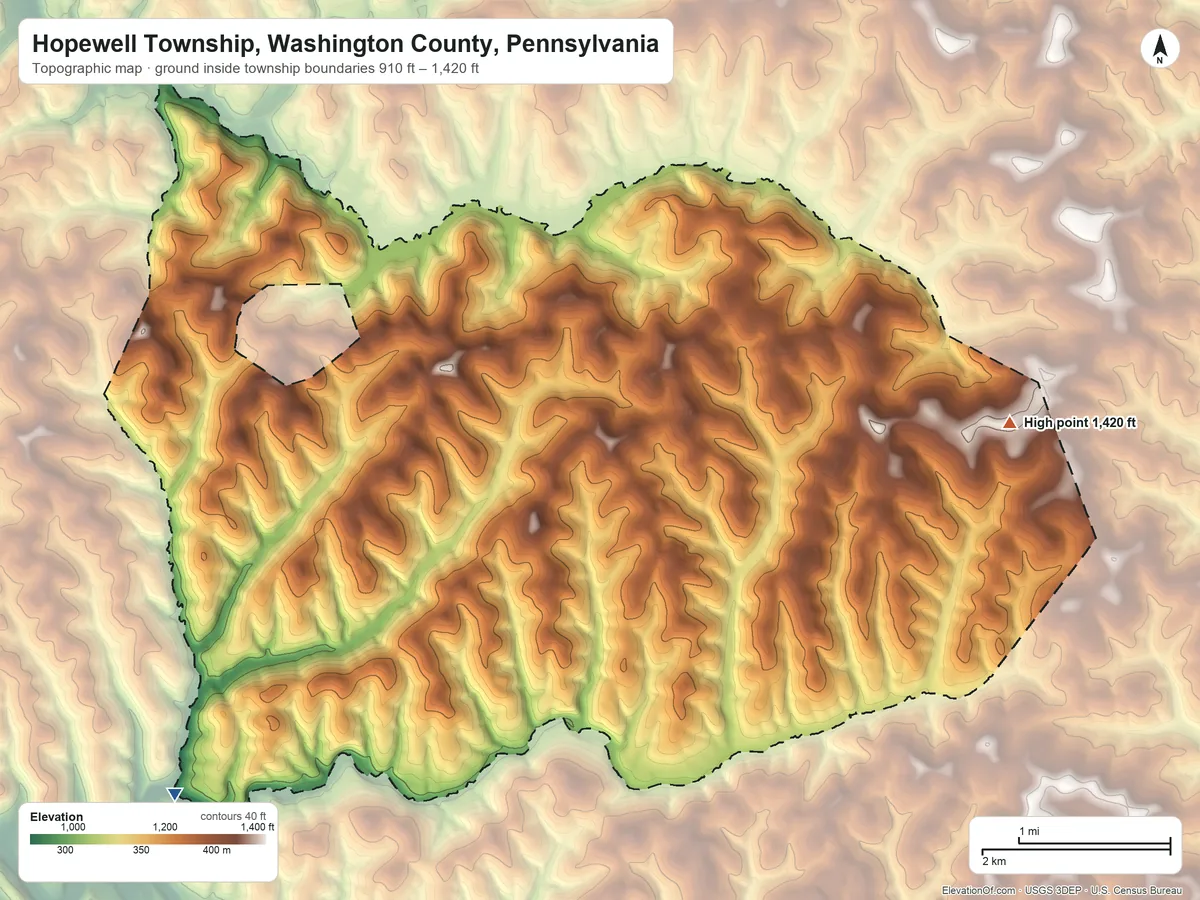 Topographic elevation map of Hopewell Township, Washington County, Pennsylvania, shaded from 910 ft on the southwest side to 1,420 ft on the east side