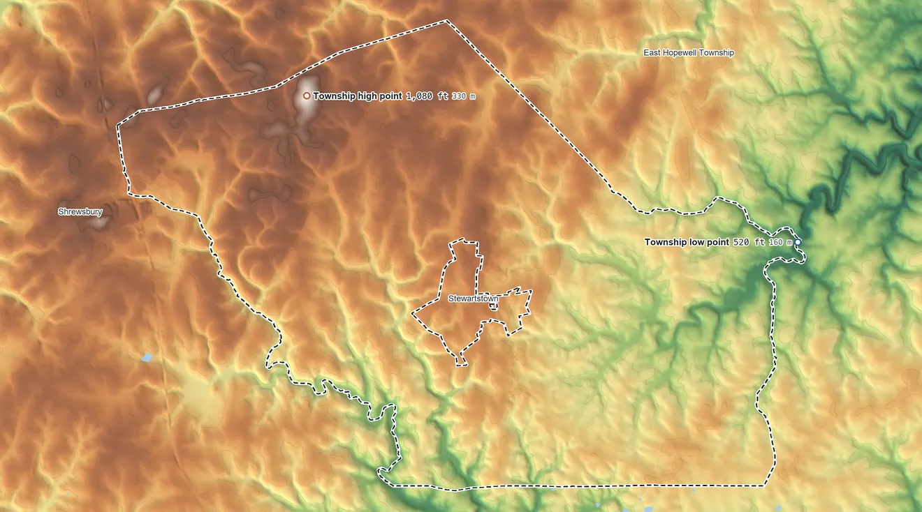 Topographic elevation map of Hopewell Township, York County, Pennsylvania, shaded from 520 ft on the east side to 1,080 ft on the northwest side