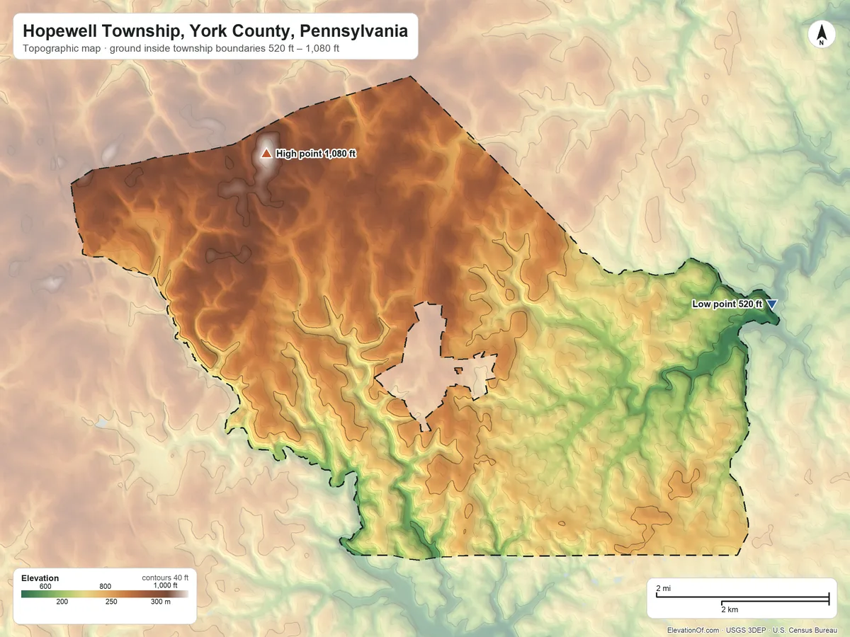 Topographic elevation map of Hopewell Township, York County, Pennsylvania, shaded from 520 ft on the east side to 1,080 ft on the northwest side
