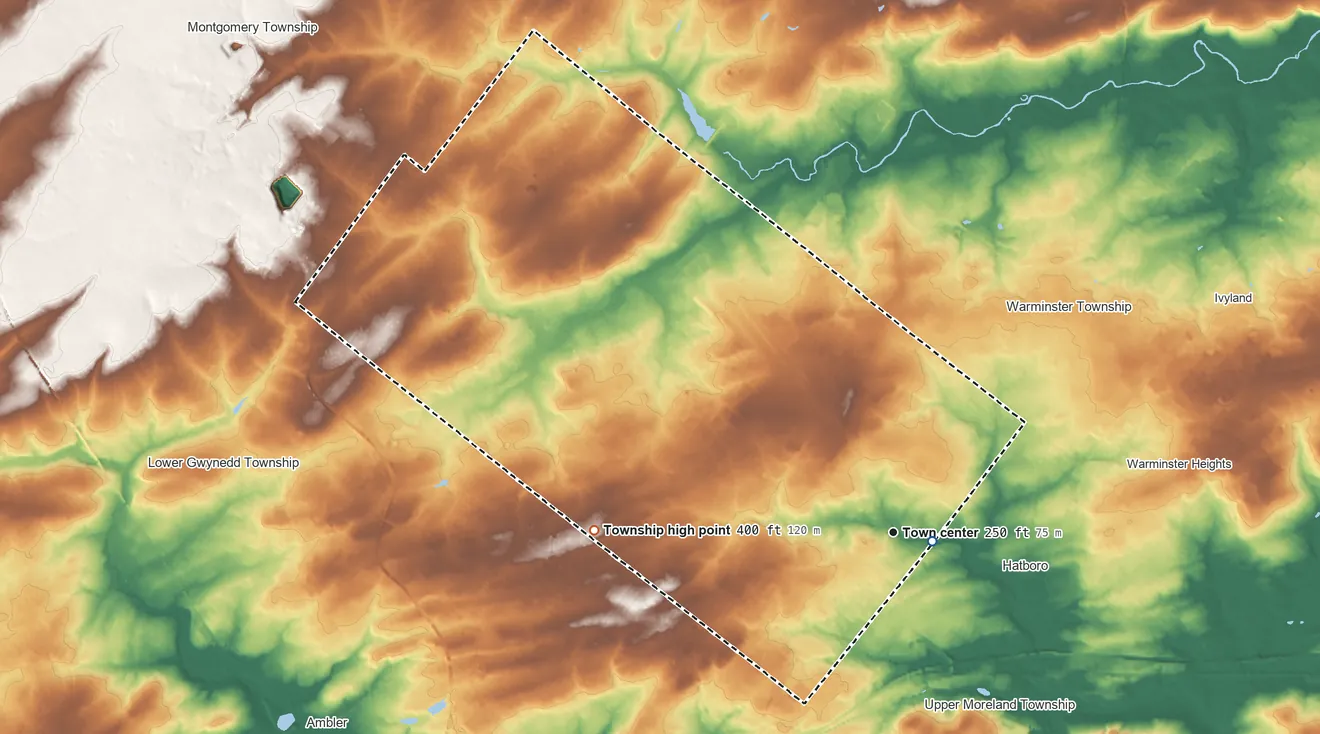 Topographic elevation map of Horsham Township, Pennsylvania, shaded from 220 ft near the middle to 400 ft on the west side