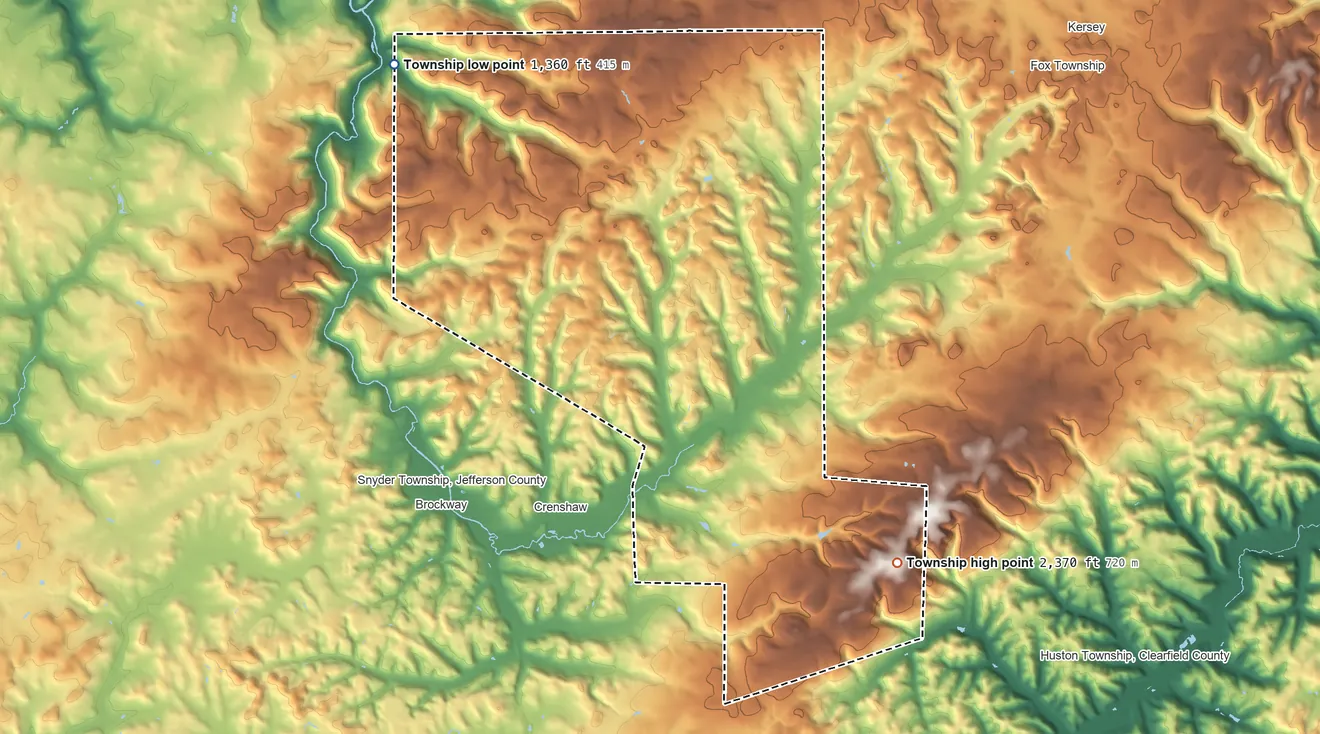 Topographic elevation map of Horton Township, Pennsylvania, shaded from 1,360 ft on the northwest side to 2,370 ft on the southeast side