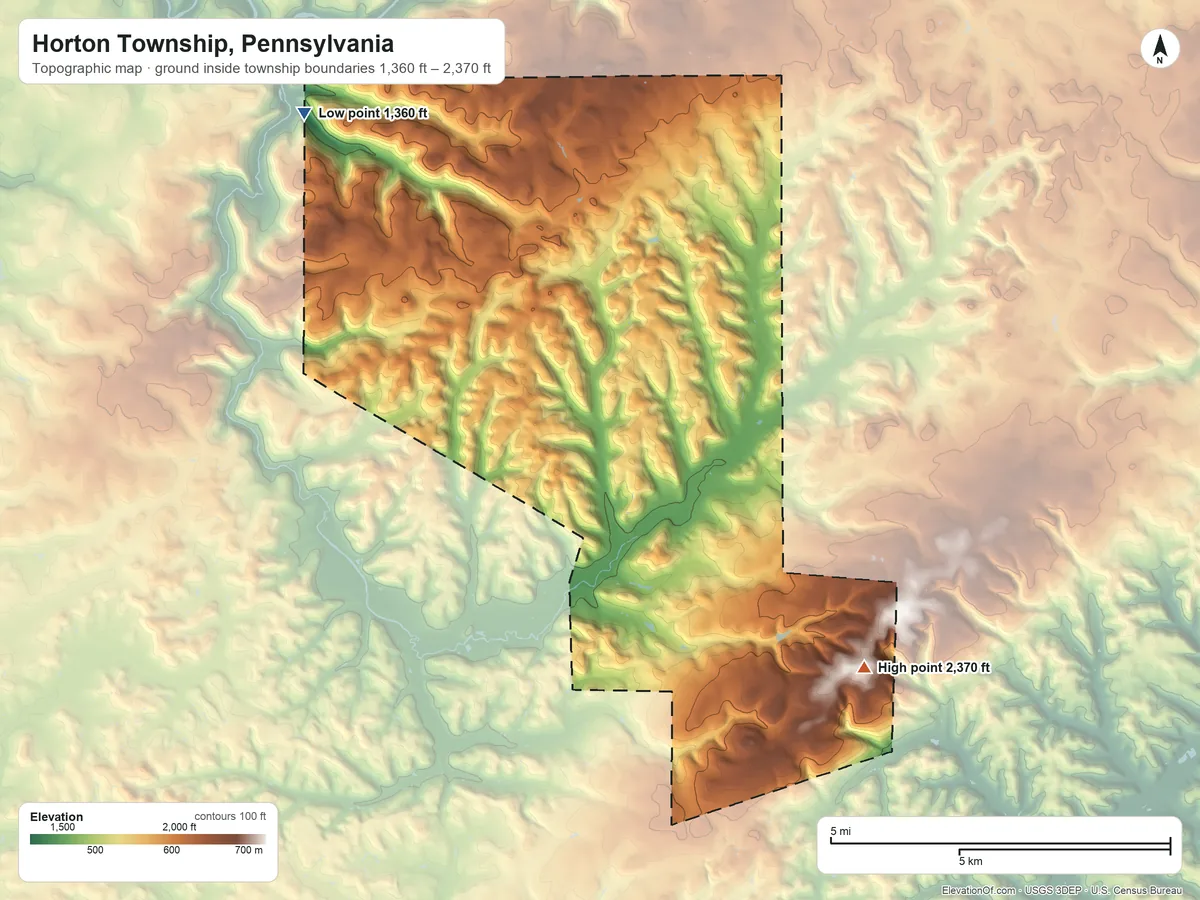Topographic elevation map of Horton Township, Pennsylvania, shaded from 1,360 ft on the northwest side to 2,370 ft on the southeast side