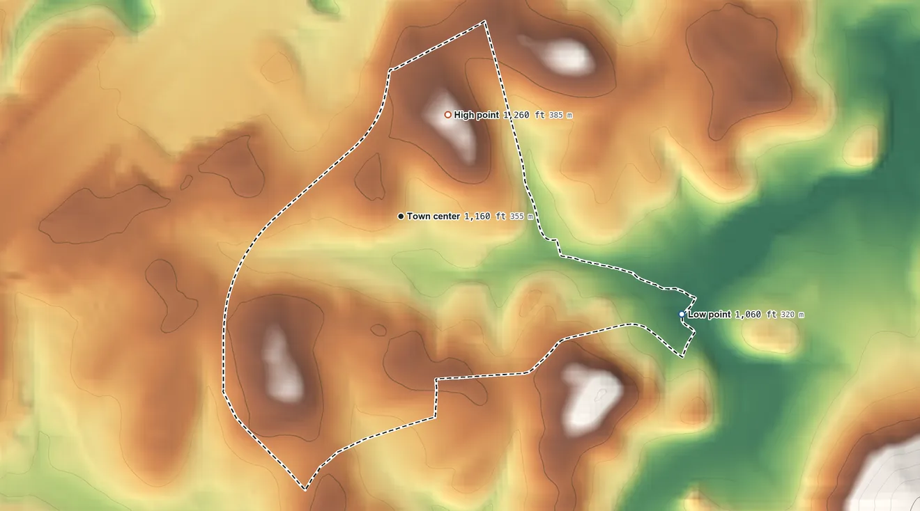 Topographic elevation map of Hostetter, Pennsylvania, shaded from 1,060 ft on the east side to 1,260 ft on the northeast side