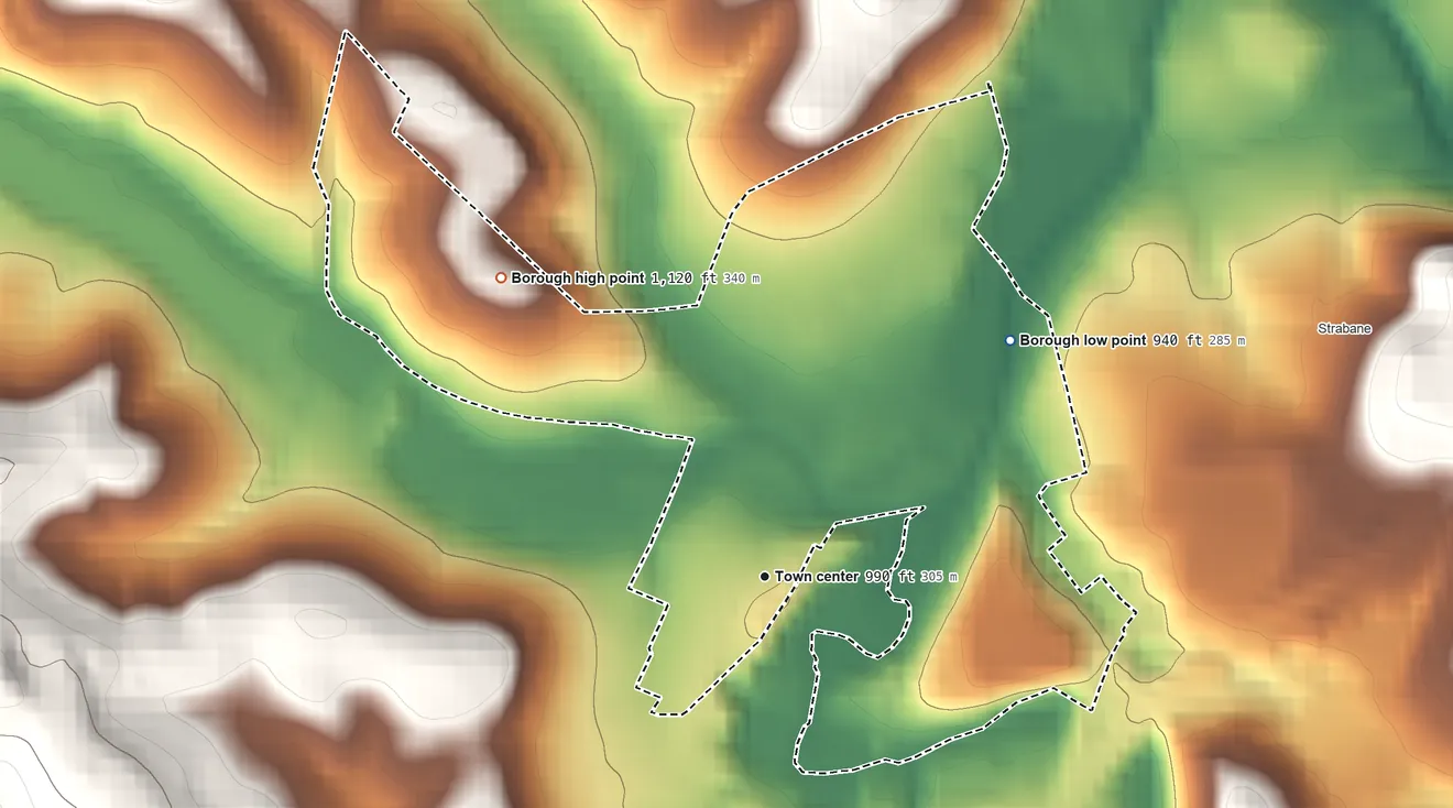 Topographic elevation map of Houston, Pennsylvania, shaded from 940 ft on the northeast side to 1,120 ft on the northwest side