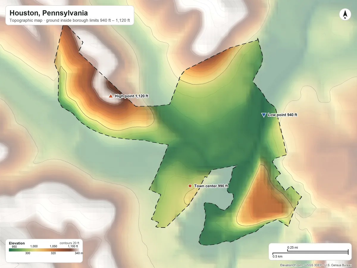 Topographic elevation map of Houston, Pennsylvania, shaded from 940 ft on the northeast side to 1,120 ft on the northwest side