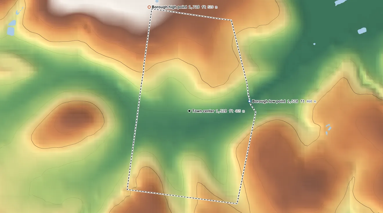 Topographic elevation map of Houtzdale, Pennsylvania, shaded from 1,510 ft on the east side to 1,710 ft on the north side