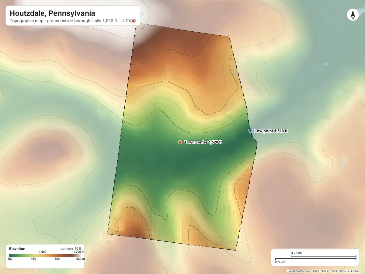 Topographic elevation map of Houtzdale, Pennsylvania, shaded from 1,510 ft on the east side to 1,710 ft on the north side