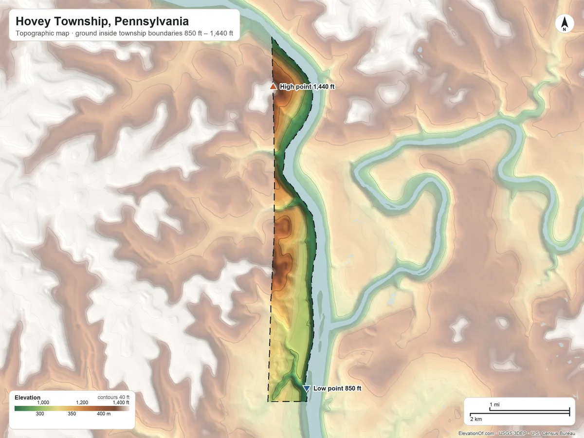 Topographic elevation map of Hovey Township, Pennsylvania, shaded from 850 ft on the south side to 1,440 ft on the north side