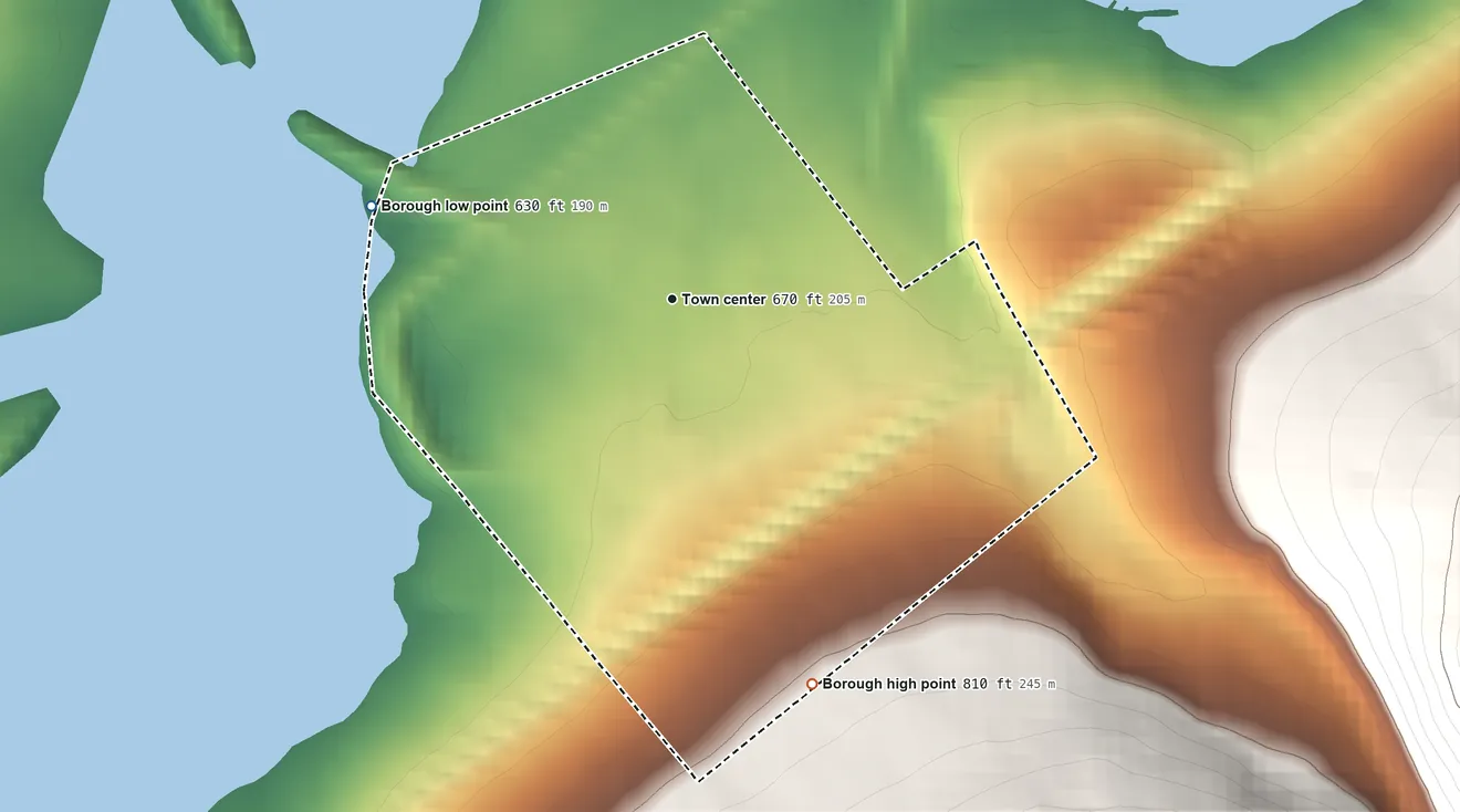 Topographic elevation map of Howard, Pennsylvania, shaded from 630 ft on the west side to 810 ft on the south edge, below higher ground just outside