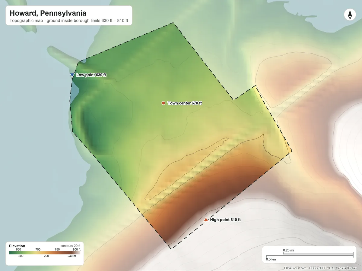 Topographic elevation map of Howard, Pennsylvania, shaded from 630 ft on the west side to 810 ft on the south edge, below higher ground just outside