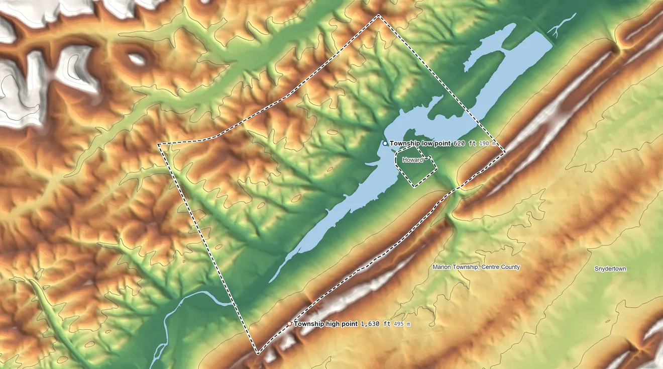 Topographic elevation map of Howard Township, Pennsylvania, shaded from 620 ft on the east side to 1,630 ft on the south side