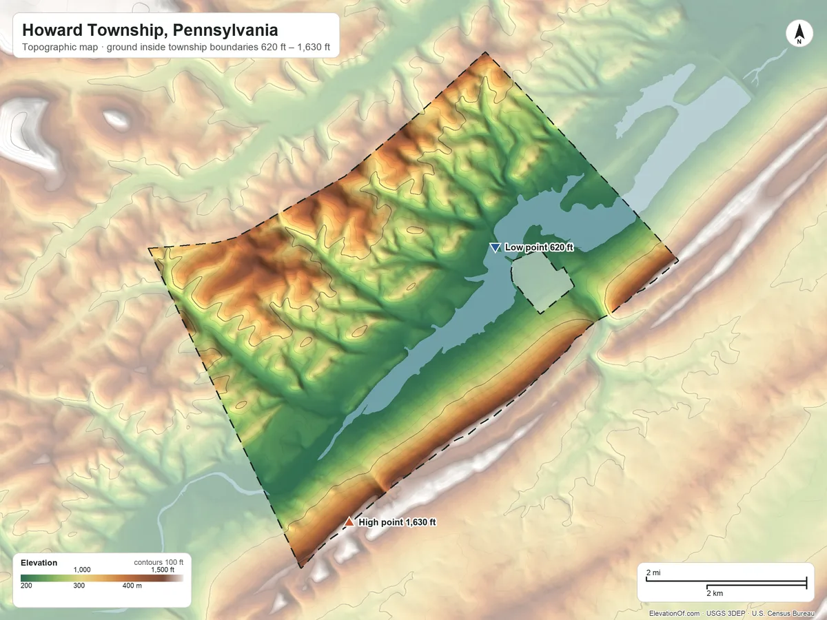 Topographic elevation map of Howard Township, Pennsylvania, shaded from 620 ft on the east side to 1,630 ft on the south side