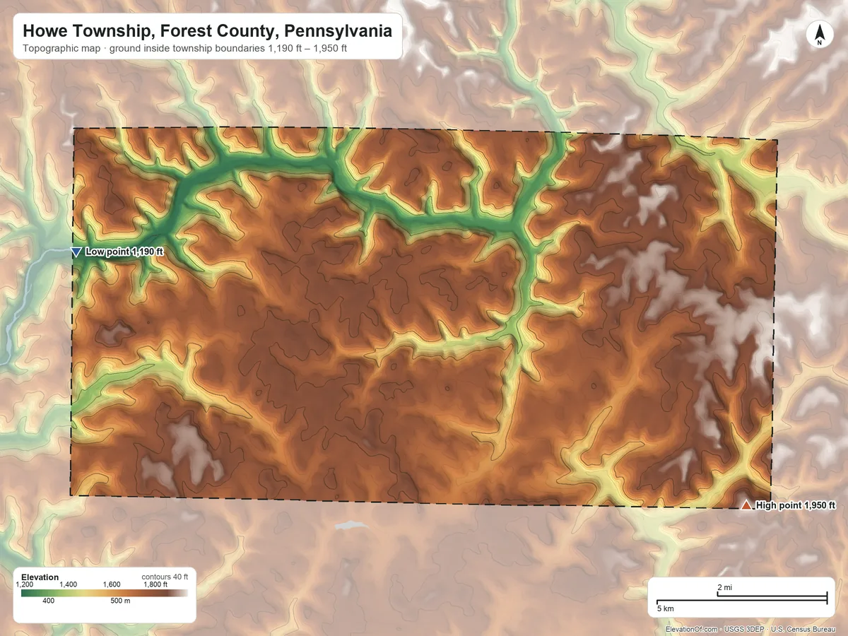 Topographic elevation map of Howe Township, Forest County, Pennsylvania, shaded from 1,190 ft on the west side to 1,950 ft on the southeast side