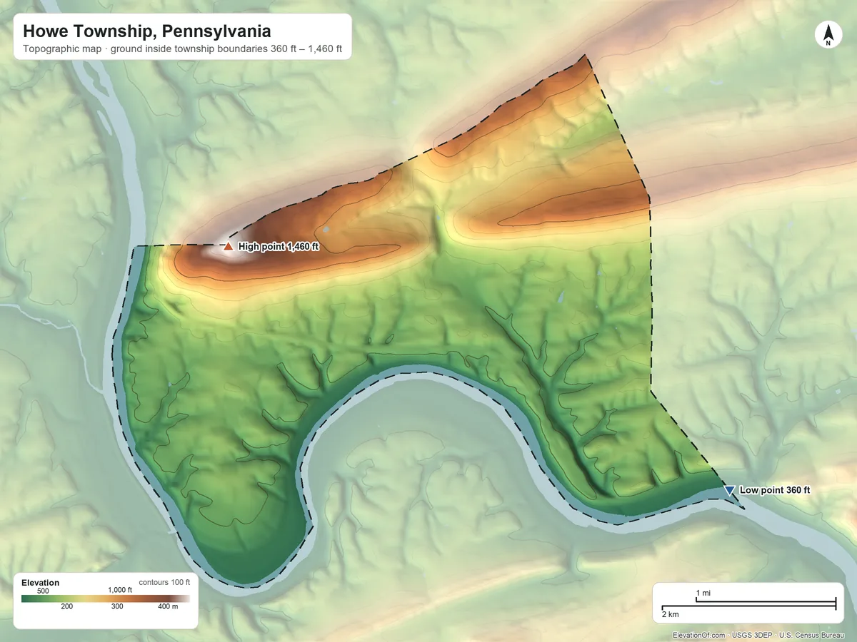 Topographic elevation map of Howe Township, Pennsylvania, shaded from 360 ft on the east side to 1,460 ft on the northwest side
