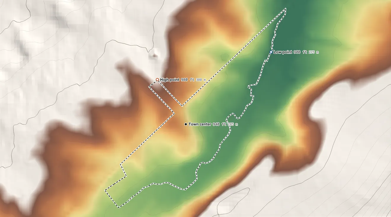 Topographic elevation map of Hublersburg, Pennsylvania, shaded from 900 ft on the northeast side to 980 ft on the northwest edge, below higher ground just outside