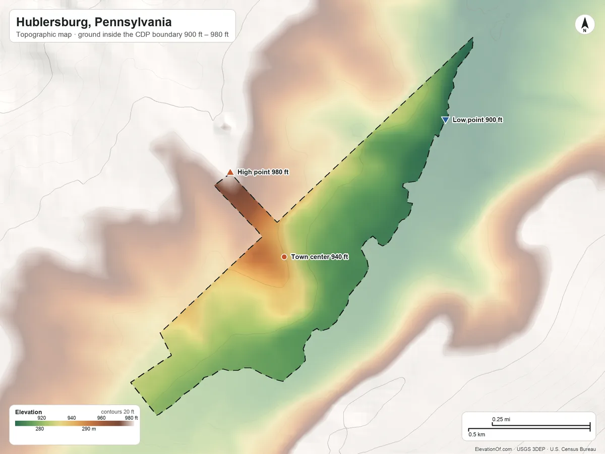 Topographic elevation map of Hublersburg, Pennsylvania, shaded from 900 ft on the northeast side to 980 ft on the northwest edge, below higher ground just outside