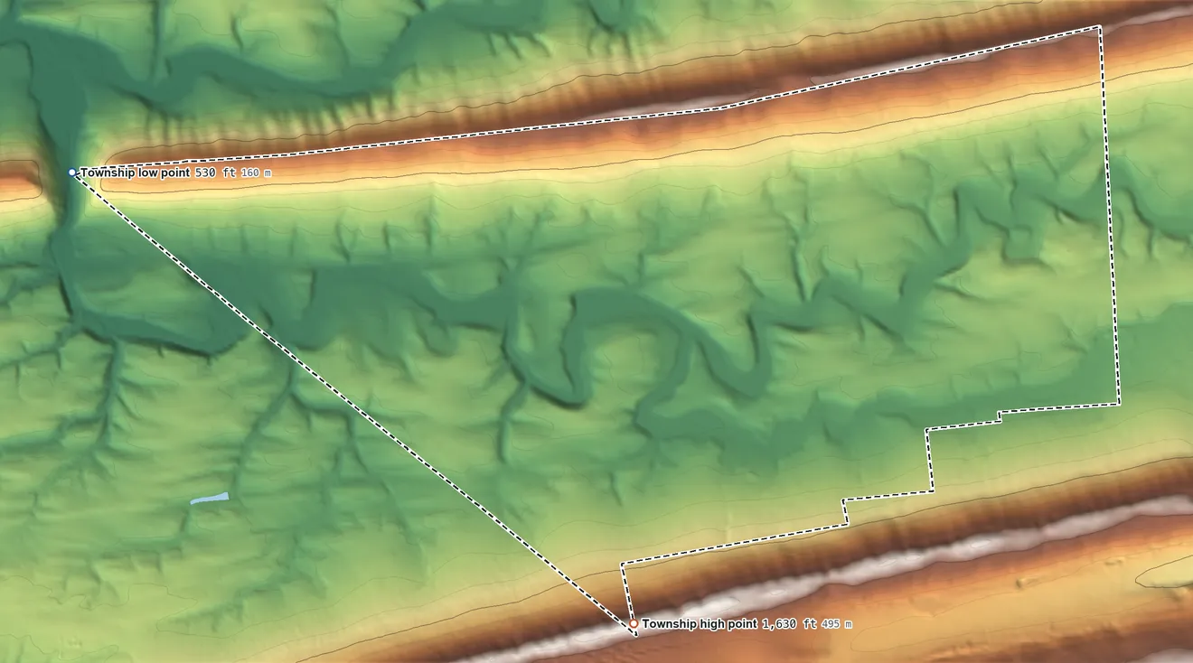 Topographic elevation map of Hubley Township, Pennsylvania, shaded from 530 ft on the west side to 1,630 ft on the southwest side