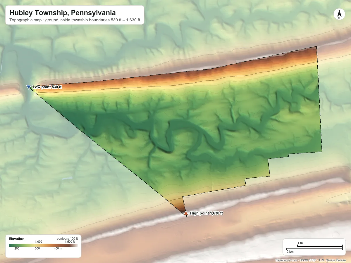 Topographic elevation map of Hubley Township, Pennsylvania, shaded from 530 ft on the west side to 1,630 ft on the southwest side