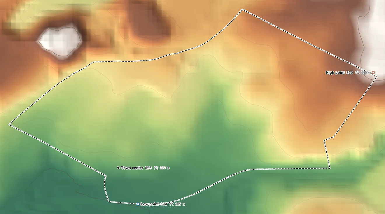 Topographic elevation map of Hudson, Pennsylvania, shaded from 600 ft near the middle to 810 ft on the east edge, below higher ground just outside