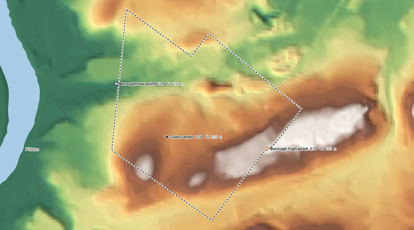 Topographic elevation map of Hughestown, Pennsylvania, shaded from 620 ft on the northwest side to 870 ft on the east side