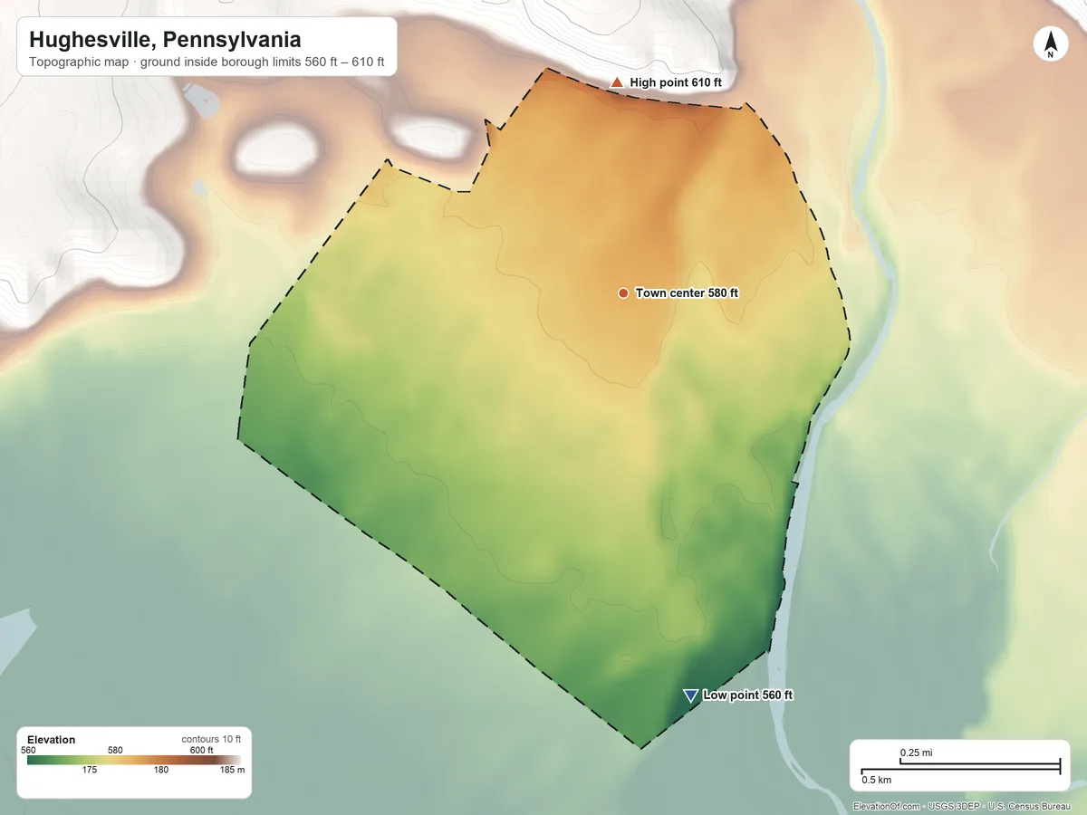 Topographic elevation map of Hughesville, Pennsylvania, shaded from 560 ft on the south side to 610 ft at the foot of the Muncy Hills