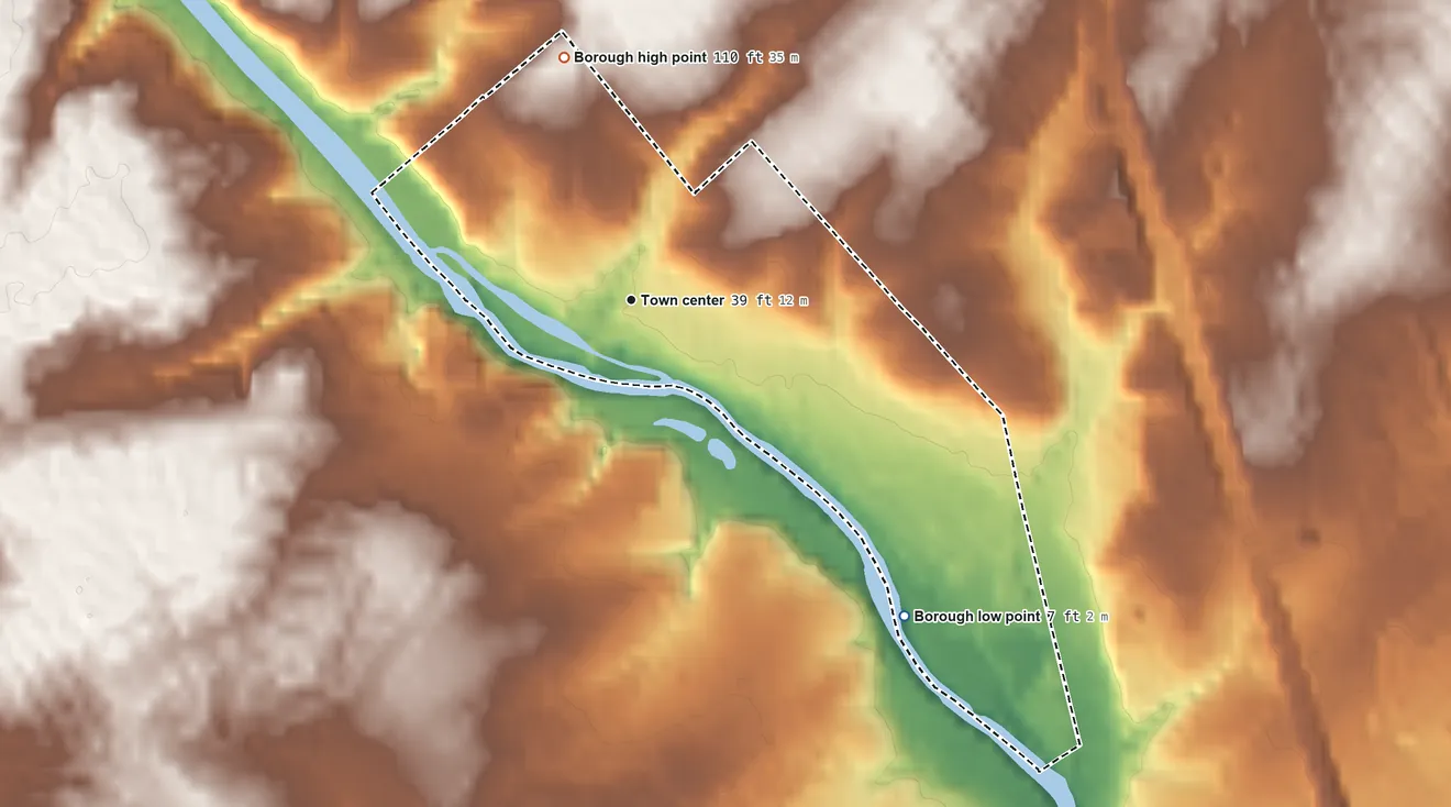 Topographic elevation map of Hulmeville, Pennsylvania, shaded from 7 ft on the southeast side to 110 ft on the north side